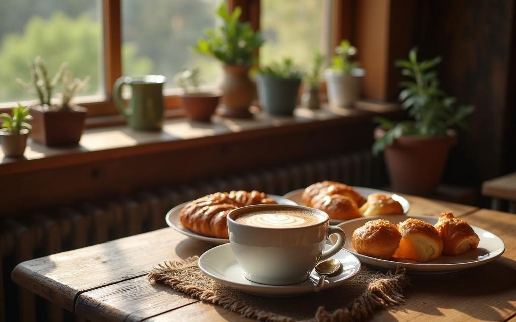 Illustrative morning coffee and breakfast
