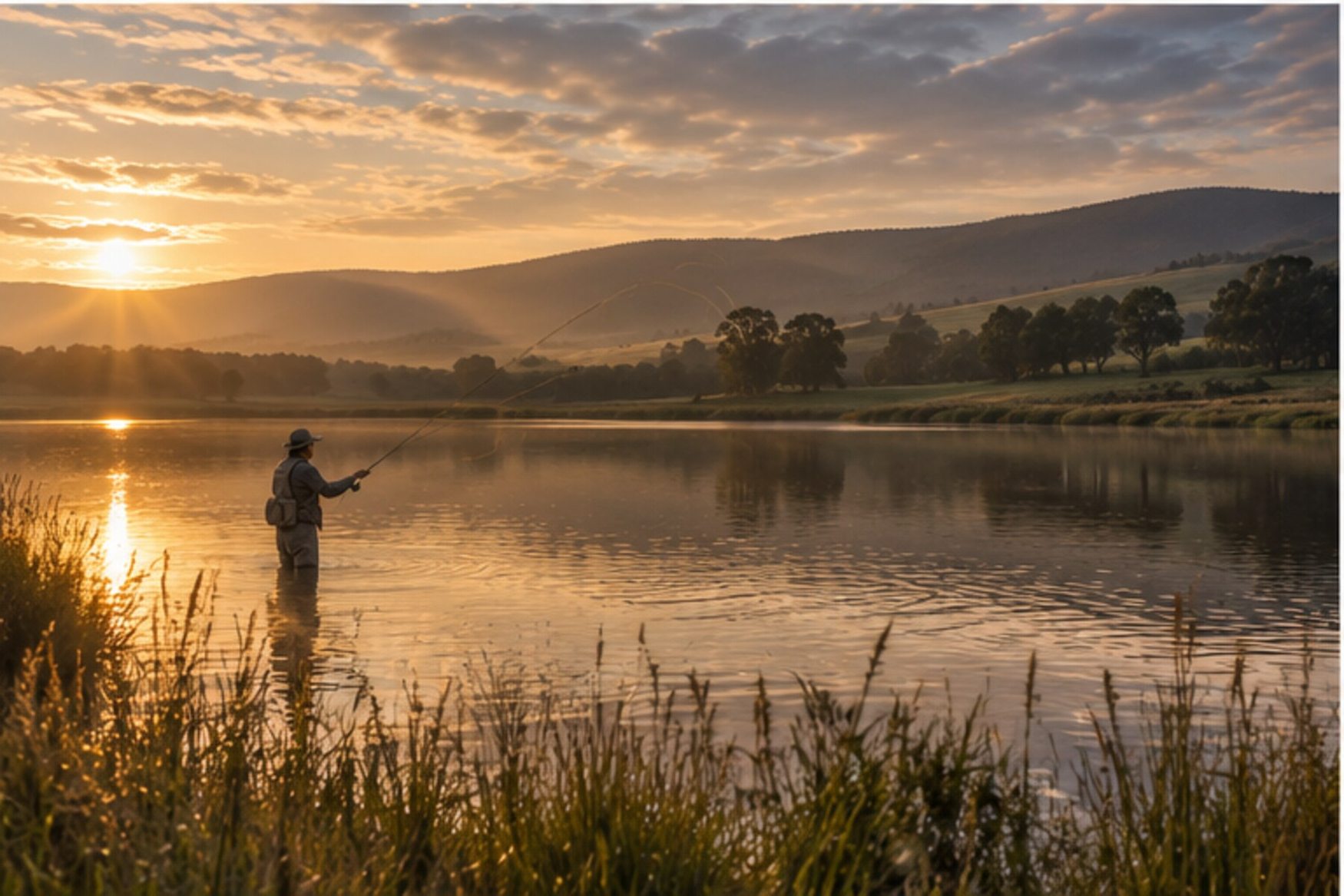 Illustrative waterside fishing landscape