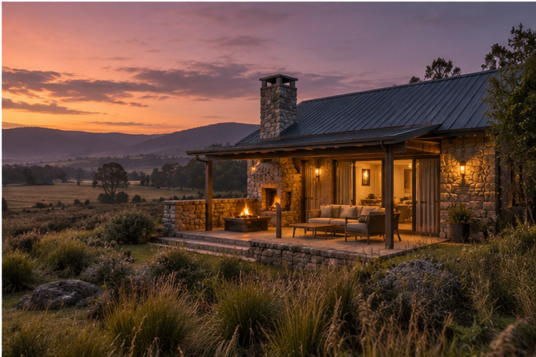 Illustrative stone highlands cottage at sunset